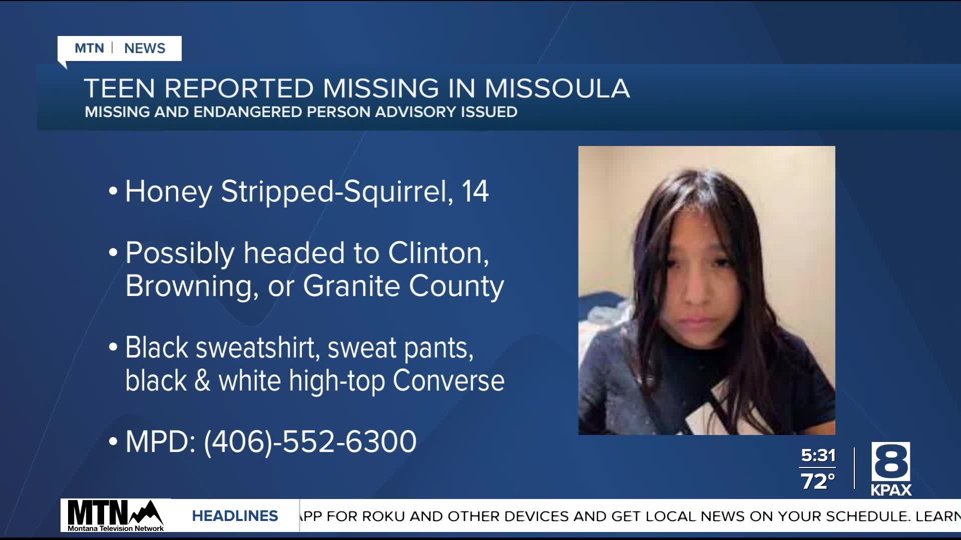 Missing 14-year-old girl out of Missoula found safe